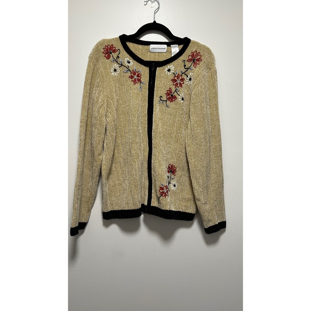 Alfred Dunner Tan Chenille Floral Embroidered Zip Front Cardigan Sweater